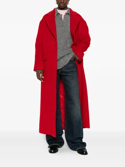 Tagliatore Long Wool Coat With Notched Lapels And Flap Pockets In Red