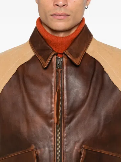 Khoki Pocketed Belted Leather Jacket In Brown