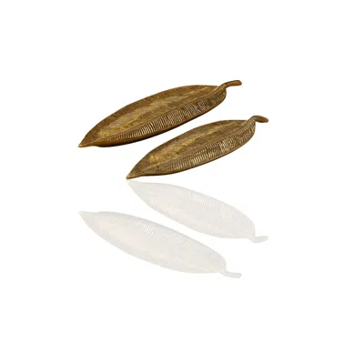 Marleth Gold Set Of Two Solid Brass Feather Trays,  Large & Small In Gold