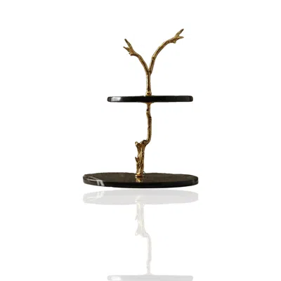 Marleth Gold / Black Luxury Two-tier Black Marble Stand With Gold Branch Detail In Multi