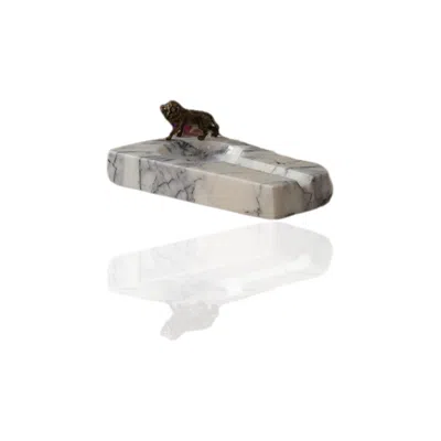 Marleth White / Brown Handmade White Marble Cigar Ashtray With Bronze Lion Detail In Multi