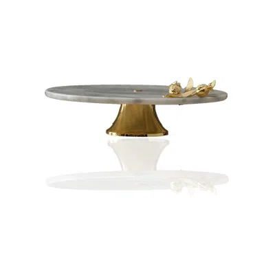 Marleth Gold / Grey Round White Marble Serving Stand With Gold Pomegranate Detail In Multi