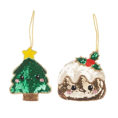 Laines London Gold / Brown / Green Set Of 2 Extra Large Christmas Laines Lovables Xmas Tree & Pudding Decorations In Multi