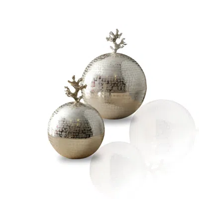 Marleth Set Of Two Silver Hammered Brass Spheres With Coral Handles In Silver