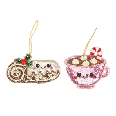 Laines London Pink / Gold / Brown Set Of 2 Extra Large Christmas Lovables Yule Log & Hot Chocolate Decorations In Multi