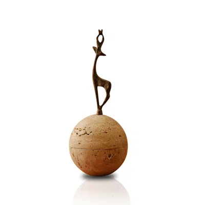 Marleth Neutrals Gazelle Finial Sphere Box In Travertine & Bronze In Brown