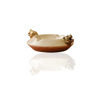 Marleth Neutrals Round Marble Cigar Ashtray With Dual Tiger Head Detail & Handmade In Yellow