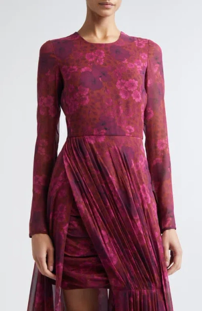 Giambattista Valli Anemones Draped Long Sleeve Silk Dress In Multi