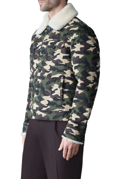 Mackage Nash Camo Cotton Trucker Jacket With Removable Genuine Shearling Collar In Black