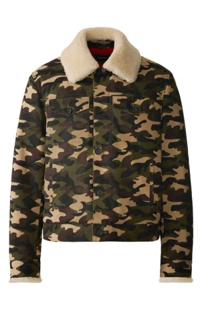 Mackage Nash Camo Cotton Trucker Jacket With Removable Genuine Shearling Collar In Black