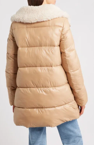 Save The Duck Quilted Beige Down Coat With Plush Collar In Nude
