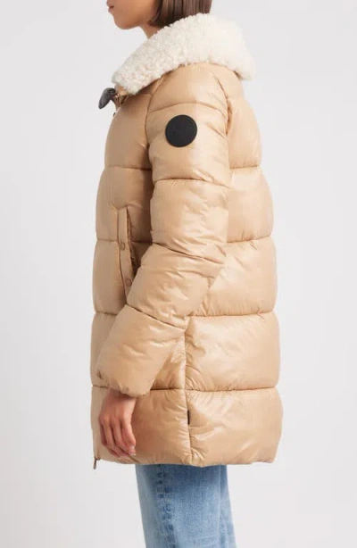 Save The Duck Quilted Beige Down Coat With Plush Collar In Nude