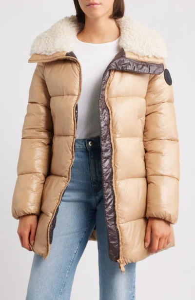 Save The Duck Quilted Beige Down Coat With Plush Collar In Nude