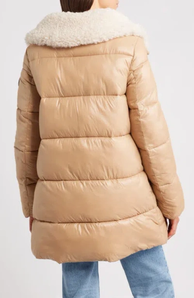 Save The Duck Quilted Beige Down Coat With Plush Collar In Nude