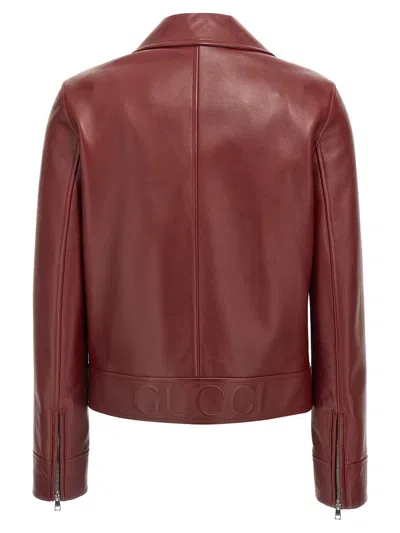 Gucci Leather Biker Jacket Puffer Jackets Brown In Burgundy