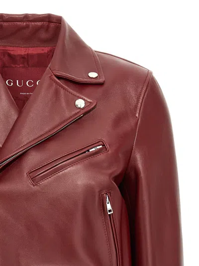 Gucci Leather Biker Jacket Puffer Jackets Brown In Burgundy