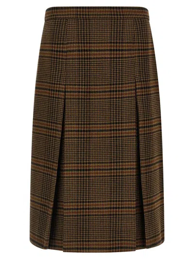 Saint Laurent Jupe Pleated Houndstooth Wool-blend Midi Skirt In Brown