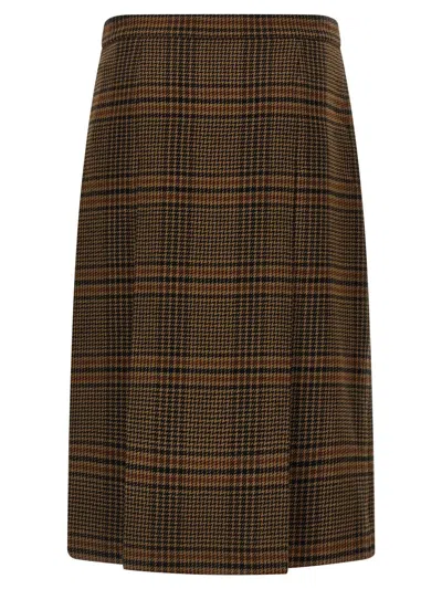 Saint Laurent Jupe Pleated Houndstooth Wool-blend Midi Skirt In Brown