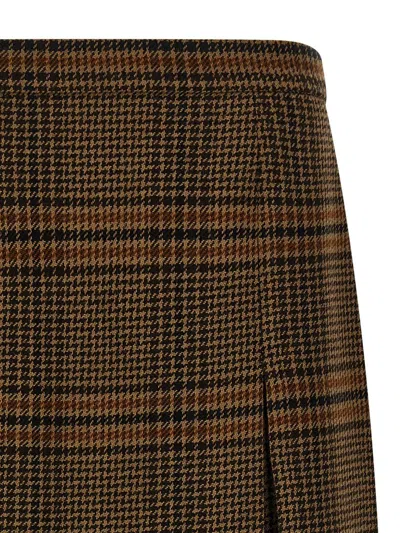 Saint Laurent Jupe Pleated Houndstooth Wool-blend Midi Skirt In Brown