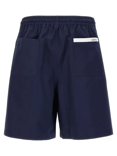 Gucci Men Navy Blue Poplin Bermuda Shorts In Multi