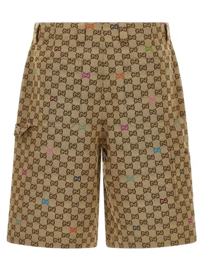 Gucci Men Beige Bermuda Pants With Belt Loops In Gg Canvas Man In Brown