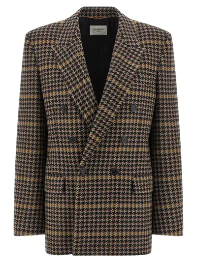 Saint Laurent Brown Double-breasted Jacket With Notched Revers And All-over Check Motif In Wool Woman In Brown