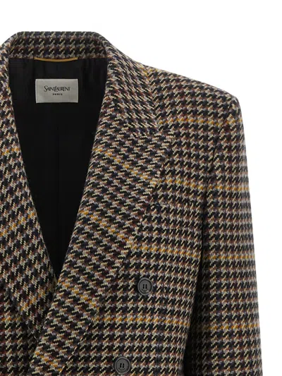 Saint Laurent Brown Double-breasted Jacket With Notched Revers And All-over Check Motif In Wool Woman In Brown