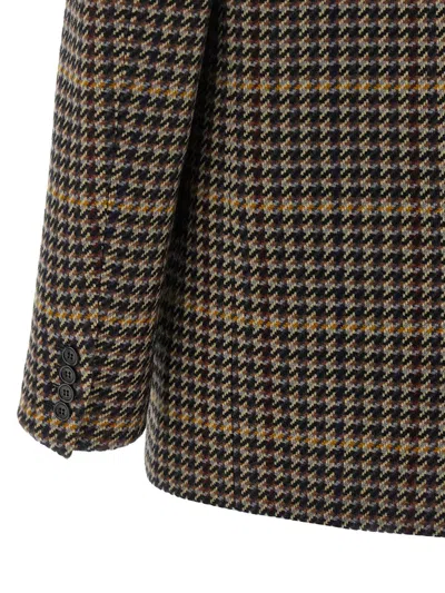Saint Laurent Brown Double-breasted Jacket With Notched Revers And All-over Check Motif In Wool Woman In Brown