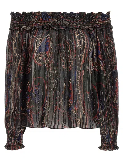 Saint Laurent Smocked Off-the-shoulder Blouse Ruffled Neckline In Brown