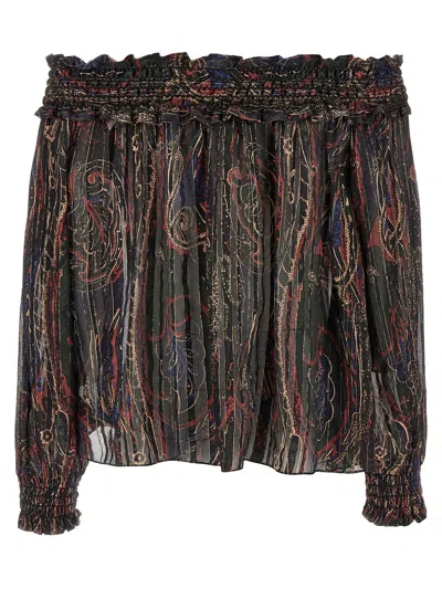 Saint Laurent Smocked Off-the-shoulder Blouse Ruffled Neckline In Brown