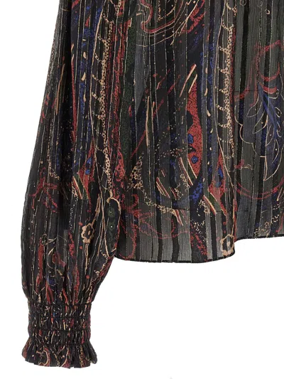 Saint Laurent Smocked Off-the-shoulder Blouse Ruffled Neckline In Brown