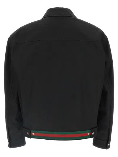 Gucci Men Black Jacket With Classic Collar And Web Motif On The Waist In Cotton Man In Black