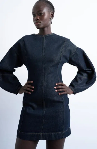 Topshop Long Sleeve Denim Minidress In Blue