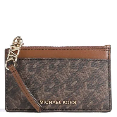 Michael Kors Signature Logo Empire Zip Card Holder In Brown