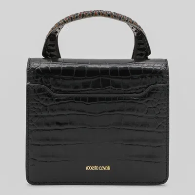 Roberto Cavalli Crocodile Texture Cross-body Bag With Chain Strap In Black