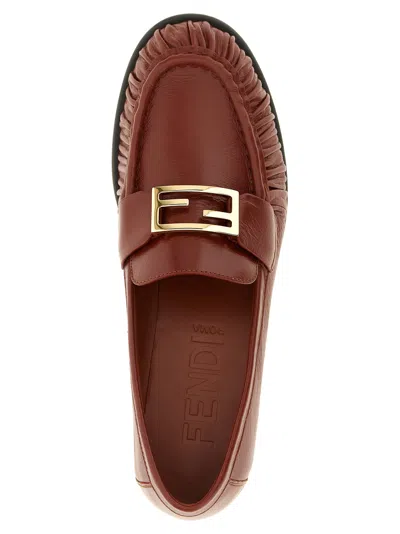 Fendi Curled Metal Detail Baguette Loafers In Brown