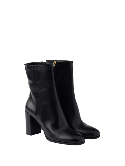 Prada Stylish Leather Ankle Boots With Block Heel In Black