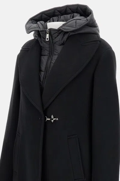 Fay Coat With Nylon Hoodie In Black