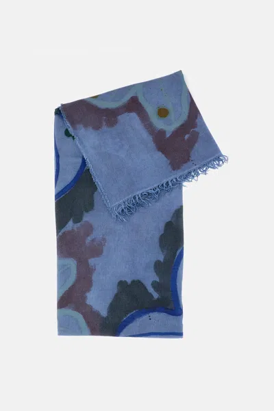 Exquisite J Floral-pattern Fringed Scarf In Blue