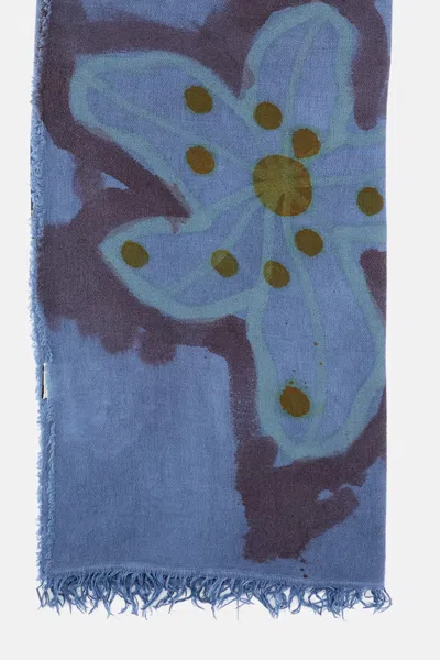 Exquisite J Floral-pattern Fringed Scarf In Blue