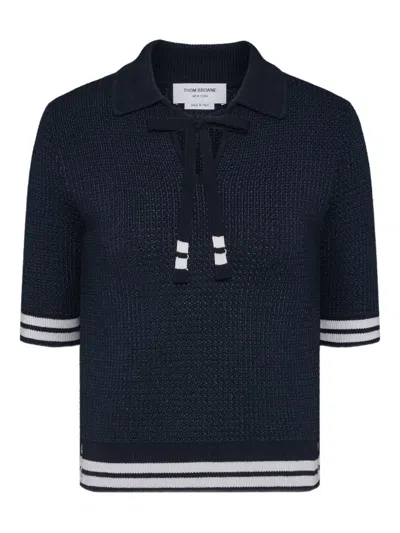 Thom Browne Tie-neck Cricket-stripe Polo Shirt In Blue