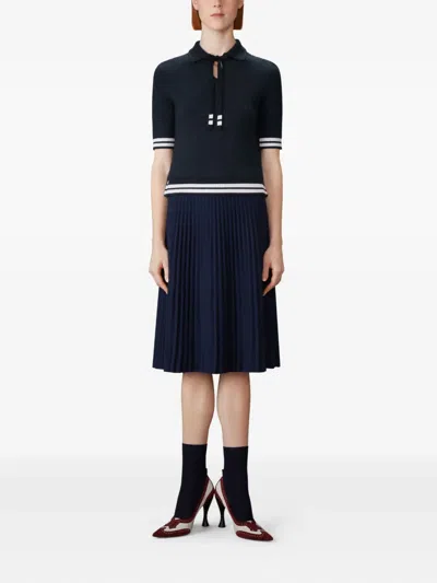 Thom Browne Tie-neck Cricket-stripe Polo Shirt In Blue