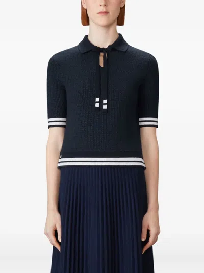 Thom Browne Tie-neck Cricket-stripe Polo Shirt In Blue