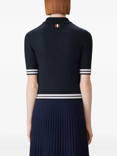 Thom Browne Tie-neck Cricket-stripe Polo Shirt In Blue