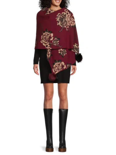 La Fiorentina Women's Floral Faux Fur Trim Wrap In Burgundy