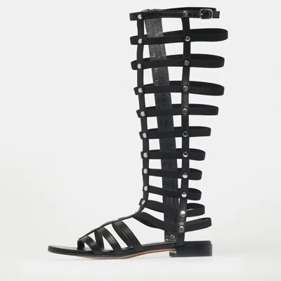Pre-owned Stuart Weitzman Black Elastic And Leather Gladiator Flat Sandals Size 35