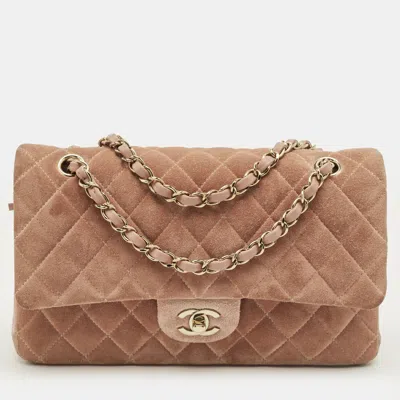 Pre-owned Chanel Beige Quilted Suede Medium Classic Double Flap Bag In Pink