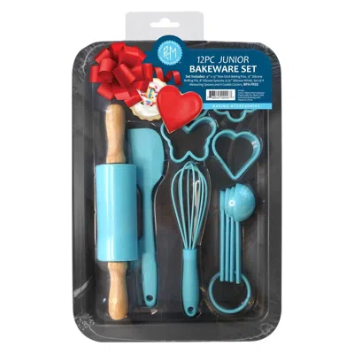 R & M International Junior 12 Piece Bakeware Set With Pan, Rolling Pin, Tools, And Cookie Cutters In Blue