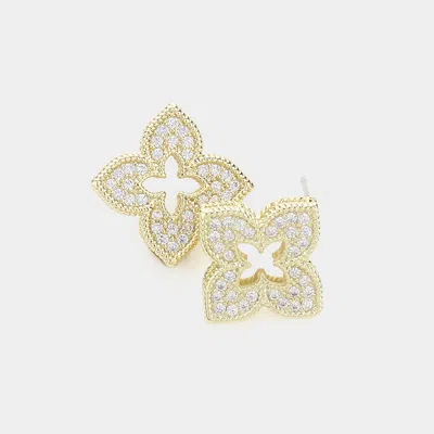 Fashnzfab 14k Gold Plated Cz Stone Paved Quatrefoil Stud Earrings - Gold In Gold