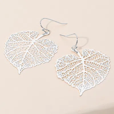 Fashnzfab Metal Filigree Leaf Dangle Earrings - Matte Silver In Metallic